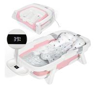Orzbow Grande Bañera Bebe Plegable con Termómetro, Rosa | Bañera Plegable Bebé, Banheira Bebe Dobravel de 0 a 6 Años con Cojín Suave, Bandeja 3 en 1, Duradero, Ideal para Viajes