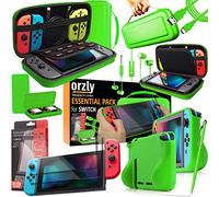 Orzly Accesorios para Nintendo Switch (Incluye: Protectores de Pantalla, Cable USB, Funda para Consola, Estuche Tarjetas de Juego, Comfort Grip para los mandos JoyCon, Auriculares) Verde