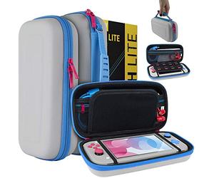 Orzly Case for Nintendo Switch Lite - Portable Travel Carry Case with Storage for Switch Lite Games and Accessories [Grey/Blue with a Tint of Pink Special Edition]