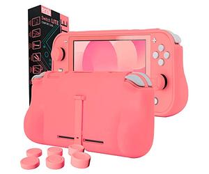 Orzly Funda Grip para Nintendo Switch Lite - Funda con cómodas empuñaduras Acolchadas, Soporte y Paquete de empuñaduras para el Pulgar, Color Coral