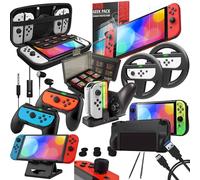 Orzly Kit Accesorios para Nintendo Switch Geek Pack con: Funda y Protector de Pantalla Switch, Empuñaduras & Volante para mandos Joy-con, Una Base de Carga USB y Un Soporte portátil, y más. [Negro]