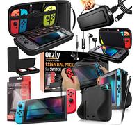 Orzly PACK ESENCIAL de Accesorios para Nintendo Switch [Incluye: Protectores de Pantalla, Cable USB, Funda para Consola, Estuche Tarjetas de Juego, Funda Comfort Grip, Auriculares] - NEGRO