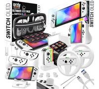 Orzly Paquete Accesorios Compatible Nintendo Switch - OLED Geek Pack: Estuche, Protector Pantalla, empuñaduras Joycon, Ruedas de Carreras, Base Carga del Controlador, Estuche de Agarre cómodo Blanco