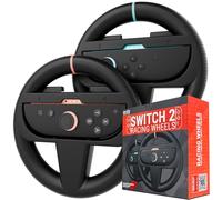 Orzly Ruedas de carreras: compatible con Switch 2 (consola 2025) - Accesorio de rueda de carreras Twin Pack para controles Joy-Con y juegos Mario Kart Racing (2 ruedas negras) Caja de regalo