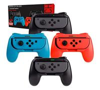 Orzly Switch Mandos Grip Joy-con (Party Pack de 4 Mandos Compatibles con Super Smash Bros Ultimate para Nintendo Switch) 4 Mandos Grip para Juegos Multijugador (1x Rojo, 1xAzul, 2X Negros)