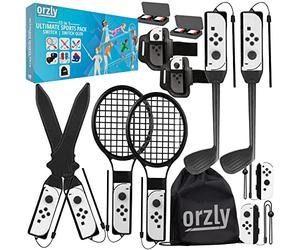 Orzly Switch Sports Pack Accesorios Nintendo Switch OLED Juegos Deportivos, Raquetas de Tenis, Palos de Golf, Espadas Chambara, Correa para Piernas de Fútbol, Empuñaduras y Bolsa Joycon (Black)