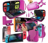 Orzly Ultimate Pack Accesorios para Nintendo Switch [Incluye: Protectores de Pantalla, Cable USB, Funda para Consola, Estuche Tarjetas de Juego, FlexiCase para los mandos JoyCon, Auriculares] - Rosa