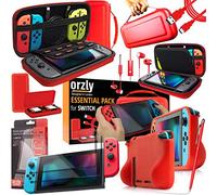 Orzly Ultimate Pack Accesorios para Nintendo Switch [Incluye: Protectores de Pantalla, Cable USB, Funda para Consola, Estuche Tarjetas de Juego, Funda Comfort Grip Case, Auriculares] - Rojo
