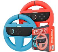 Orzly Volantes Compatibles con Nintendo Switch 2 (Consola 2025) Pack de 2 Accesorios de Volante de Carreras para Mandos Joy-Con y Juegos de Carreras MarioKart (1 Rojo 1 Azul) Caja de Regalo