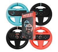 Orzly Volantes de Carreras Compatibles con Switch 2 (Consola 2025) - Pack Fiesta [Pack de 4] Accesorios para Mandos Joy-Con para Juegos de Carreras Mario (2 Negros, 1 Azul, 1 Rojo) Caja de Regalo
