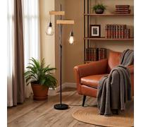 Osasy Lámpara de Pie Industrial con Madera, Diseño de Doble Pantalla de Jaula Geométrica, Incluye 2 Bombillas LED, Iluminación para Salón y Hogar