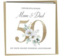 Oscar Finks Tarjeta de 50 aniversario de boda dorada para padres, para mamá y papá, diseño floral blanco, tarjeta de 350 g/m² #1800