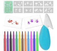 OSDUE Set de Aerografía Para Niños,Spray Pintura en Set de Iniciación con 12 Rotuladores y 8 Plantillas, Mini Fun Colores Kit de Bolígrafos Pulverizadores Juguete Artístico para Arte Dibujos Primera