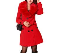 Osheoiso Mujer Abrigo Lana Chaqueta Trenchcoat Vestidos de Invierno Mujer Largos Cuello Larga Elegante Casual Abrigo con Cuello de Piel A Rojo 3XL