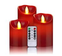 OSHINE - Velas sin Llama, Juego de 3 Pilares de Cera Real sin Goteo con LED de Baile Realistas y Control Remoto de 10 Teclas con Función Temporizador, Rojo