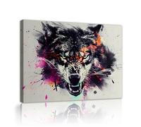 OSHIONARTE Arte de pared de lienzo de lobo gruñido decoración moderna del hogar graffiti póster de lobo salpicadura de acuarela imagen de animal salvaje para sala de juegos 60x80cm Marco interior