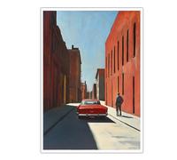 OSHIONARTE Auto rossa vintage nel muro della città vuota Arte Poster di edificio retrò Paesaggio Realismo moderno di metà secolo Stampa artistica per il soggiorno 40x60cm Senza cornice