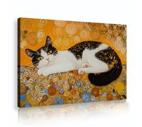 OSHIONARTE Cuadro enmarcado de lienzo inspirado en Gustav Klimt cuadro de gato en blanco y negro estampado retro abstracto de animales para decor del salón y dormitorio 30x45cm Marco interior