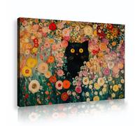 OSHIONARTE Gato negro en un arbusto de flores Arte mural estilo Klimt Ojos amarillos Grabados de gatitos Pintura floral de animales en pradera para salón 30x45cm Marco interior