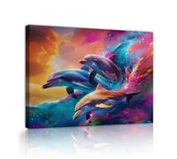 OSHIONARTE Gran arte mural para salón delfines enmarcados en lienzo decoración para dormitorio olas del cielo fantásticas imágenes de arte decoración del hogar 76x101cm Marco interior