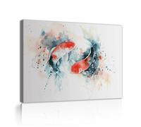 OSHIONARTE Peces Koi Acuarela Moderna Lienzo Arte de Pared Póster Yin Yang Impresión Lienzo Suerte Feng Shui Imagen para Sala Oficina 50x65cm Marco interior