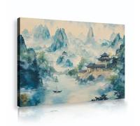 OSHIONARTE Pintura de paisajes en tinta de estilo chino en lienzo y desván oriental y pinturas paisajísticas en tinta de montañas verdes para decoración del salón
