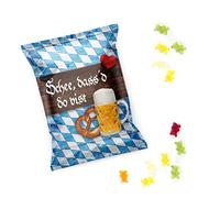 Ositos de goma en pequeños paquetes con el color azul y blanco de Baviera con texto "Schön Dass Du Da Bist" para invitados de boda, Oktoberfest, obsequios, souvenirs 50 unidades