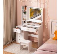 OSKOPWRC - Escritorio de maquillaje con espejo iluminado por LED, tocador de 5 cajones y estantes abiertos, conjunto de habitaciones, taburete acolchado, para almacenamiento cosmético, color blanco