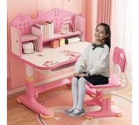 OSKOPWRC Juego de escritorio y silla para niños, escritorio de estudio de altura ajustable con soporte para libros y cajón, mesa de estudio para el hogar, escuela, niños y niñas, color rosa