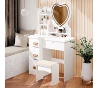 OSKOPWRC - Tocador de maquillaje con espejo LED en forma de corazón, rompecabezas, vanidad 4 cajones y estantes abiertos, estación taburete cómodo, oficina, almacenamiento de madera, para dormitorio,