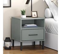 Oslo Nightstand with Metal Legs, Solid Pine Wood Bedside Table, Industrial Grey Bedside Cabinet with Drawer & Storage Compartment for Bedroom & Living Room