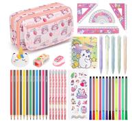 Osmikalo 45 Piezas Estuche Unicornio, Set Papelería Niña con Estuche Escolar Grande, Bolígrafos, Reglas, Rotuladores & Lápices de Colores, Unicornios Regalos Niñas 4 5 6 7 8 9 Años, Rosa
