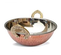 OSNICA 1 cuenco de cobre indio Karahi para verduras con mango de latón macizo para servir alimentos indios para cereales, sopa, alimentos cocinados, fiestas, acero Handi (15 cm (500 ml))