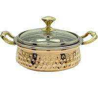 OSNICA Cuenco Handi de acero de cobre con tapa de vidrio, para servir platos, vajilla de servir platos Handi Set de platos indios para servir con tapa de 18 cm (1)