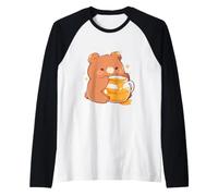 Oso bebé Kawaii Comiendo de un Tarro de Miel Lindo Arte Divertido Camiseta Manga Raglan