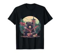 Oso Comiendo Fideos Ramen Pagoda Torre Monte Fuji Bosque Camiseta