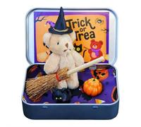 Oso de Halloween en una caja para truco o trato, bonita decoración de Halloween, hecho a mano con manta de mago de bruja, capa de escoba, calabaza y gato, recuerdo de fiesta, regalos sorpresa para