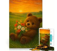 Oso de Peluche con Flores al Atardecer, Rompecabezas de 1000 Piezas para Adultos, Regalos, para Fortalecer la Memoria, Momentos de Serenidad, Calidad, Borde, Deseo de Papá Noel 38x52cm