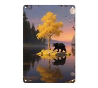 Oso Dorado De Otoño Junto Al Lago Metal Cartel Decoración Carteles De Pared De Metal Divertida Pintura De Hojalata Placa para Cafetería Bar Tienda 20X30Cm