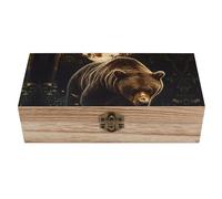 Oso grizzly caminando a través de un joyero de madera con tapa abatible, cofre del tesoro de moda, cajas de almacenamiento para manualidades