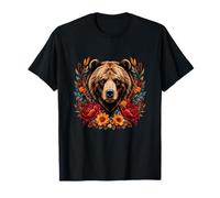 Oso Grizzly Floral con Flores De Bosque Otoño Camiseta