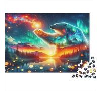 Oso Polar Auroras Puzzle de 1000 Piezas Papel para Adultos Lago Bosque de Noche Relajación Decoración Hogar Regalo Familiar 52x38cm/1000pcs