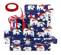 Oso polar blanco con bufanda en la nieve para celebrar la Navidad, papel de regalo azul, 4 hojas con cinta, plegado plano 50 x 70 cm por hoja, papel de regalo para niños, niñas, niños, Navidad,