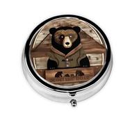 Oso rústico Lodge Bear Este pequeño pastillero redondo es un organizador portátil de medicamentos de viaje con tres compartimentos para almacenar medicamentos diarios.