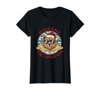 Oso Surfista Navideño - Welcome to California Diseño Camiseta gráfica económica, Mujer, Negro, L