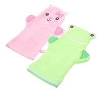 OSOLADY Guantes de Ducha Exfoliantes para Ñiño, Manoplas de Baño Grandes Reutilizables de Algodón, 2 Piezas Diseño de Animales (gato Rosa Rana Verde) para Higiene y Cuidado Corporal