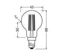 OSRAM Energy Class LED-Lampe in klassischer Miniballform, 3.8 W / 806 lm, EEK A, warmweißes Licht (2700 K), CRI 80, aus klarfarbenem bleifreiem Glas, E14 Sockel, IP20, 45 mm Durchmesser.
