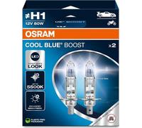 OSRAM COOL BLUE® BOOST, H1, lámparas halógenas para faros delanteros, hasta 5500K, caja plegable colgante (2 lámparas), solo para uso todoterreno