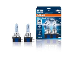 OSRAM COOL BLUE INTENSE H15, +20% más de brillo, hasta 3700K, lámpara de faro halógena, aspecto LED, caja dúo (2 lámparas)