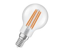 OSRAM Energy Class en forma clásica de mini bola, 2,2 W / 470 lm, EEK A, luz blanca cálida (2700 K), CRI 80, fabricada en vidrio transparente sin plomo, casquillo E14, IP20, 45 mm de diámetro.